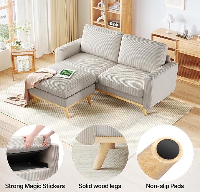 Vesgantti 68" Loveseat Sofa with Movable Ottoman, Comfy Corduroy Couch with Spring Cushion, Sofa Couch with Solid Wood, Modern Office Sofa with Deep Seat for Living Room and Bedroom, Light Gray