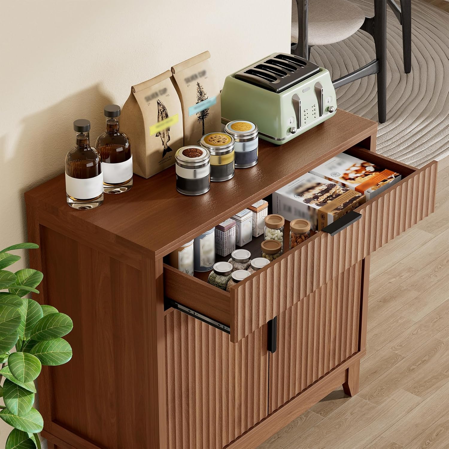 Vabches 32" Fluted Sideboard Buffet Cabinet with Storage, Walnut | Modern Coffee Bar Console Table with Drawer, Fluted Doors & Adjustable Shelf, for Entryway, Living Room, Kitchen, Dining Room
