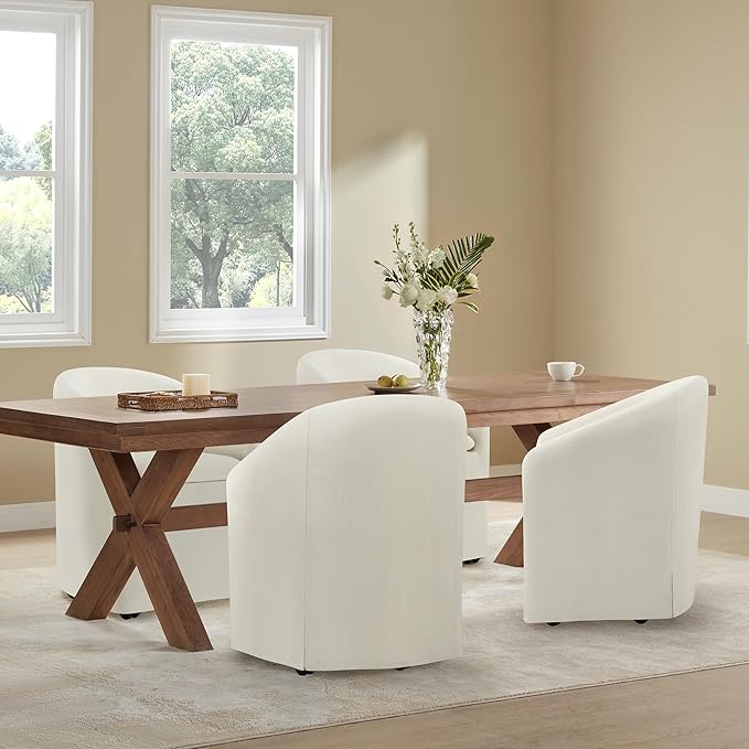 Upholstered Dining Chairs with Casters, Washable Cover Modern Dining Room Chairs with Barrel Backrest & Dual Armrest for Kitchen, Living Room, Bedroom, Linen Fabric, 2PCS