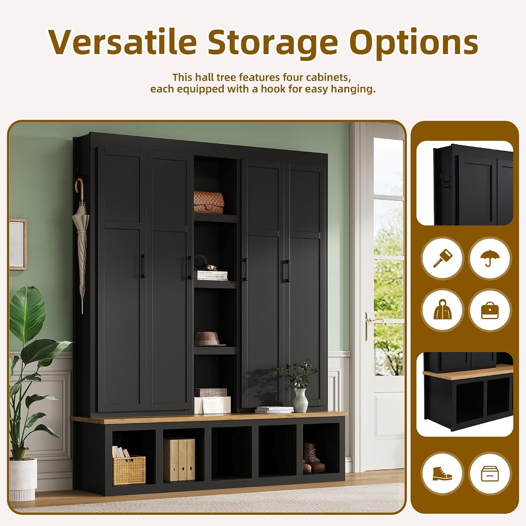 Modern 63'' Wide Hall Tree with 6 Hidden Hanging Hooks, Brown Wood Grain Minimalist Shoe Cabinet with Open Compartments, Entryway Coat Rack for Living Room Hallway (Black-4.23)