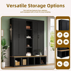 Modern 63'' Wide Hall Tree with 6 Hidden Hanging Hooks, Brown Wood Grain Minimalist Shoe Cabinet with Open Compartments, Entryway Coat Rack for Living Room Hallway (Black-4.23)