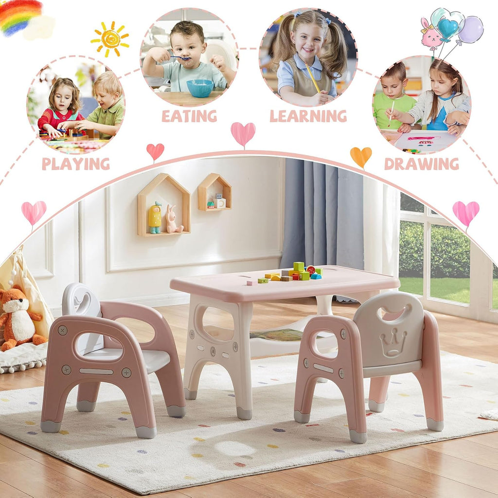 DOREROOM Kids Table and Chair Set, Plastic Children Activity Table with 2 Chairs, Toddler Table and Chair Set for Reading, Drawing, Snack Time, Arts Crafts, Preschool, Gift for Boys Girls