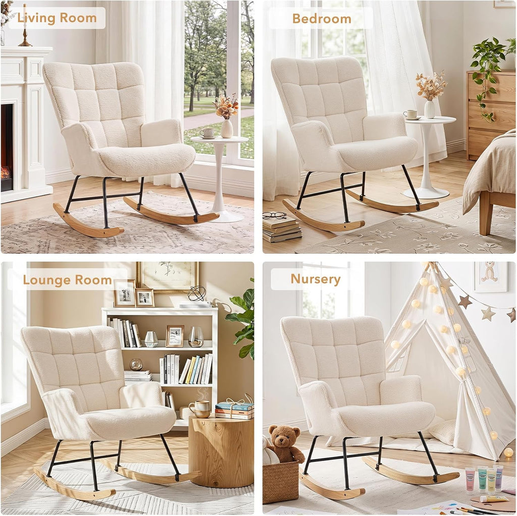 Furniliving Nursery Rocking Chair Modern Armchair Upholstered Glider Rocking Chair Nursery Chair Reading Chair with High Backrest Solid Wood Base for Bedroom, Living Room, Office, White, Teddy