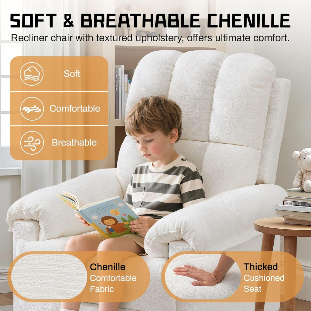 Korser Recliner Chair, Swivel Rocker Recliner Chair for Adults, Small Recliners for Small Spaces, Upholstered Manual Recliner with Side Pockets, Nursery Rocking Chair for Living Room, Chenille, Beige