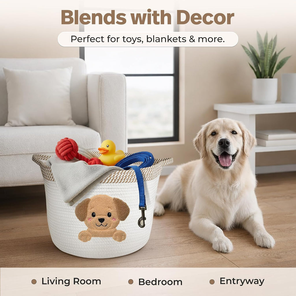 Golden Retriever and Lab Dog Toy Basket, Cotton Rope Storage Bin, 15x11 in | Pet Toy Storage, Blanket and Leash Organizer, Soft Felt Puppy Patch, Dog Mom Gift, Living Room and Crate Side Bin, Spot Clean