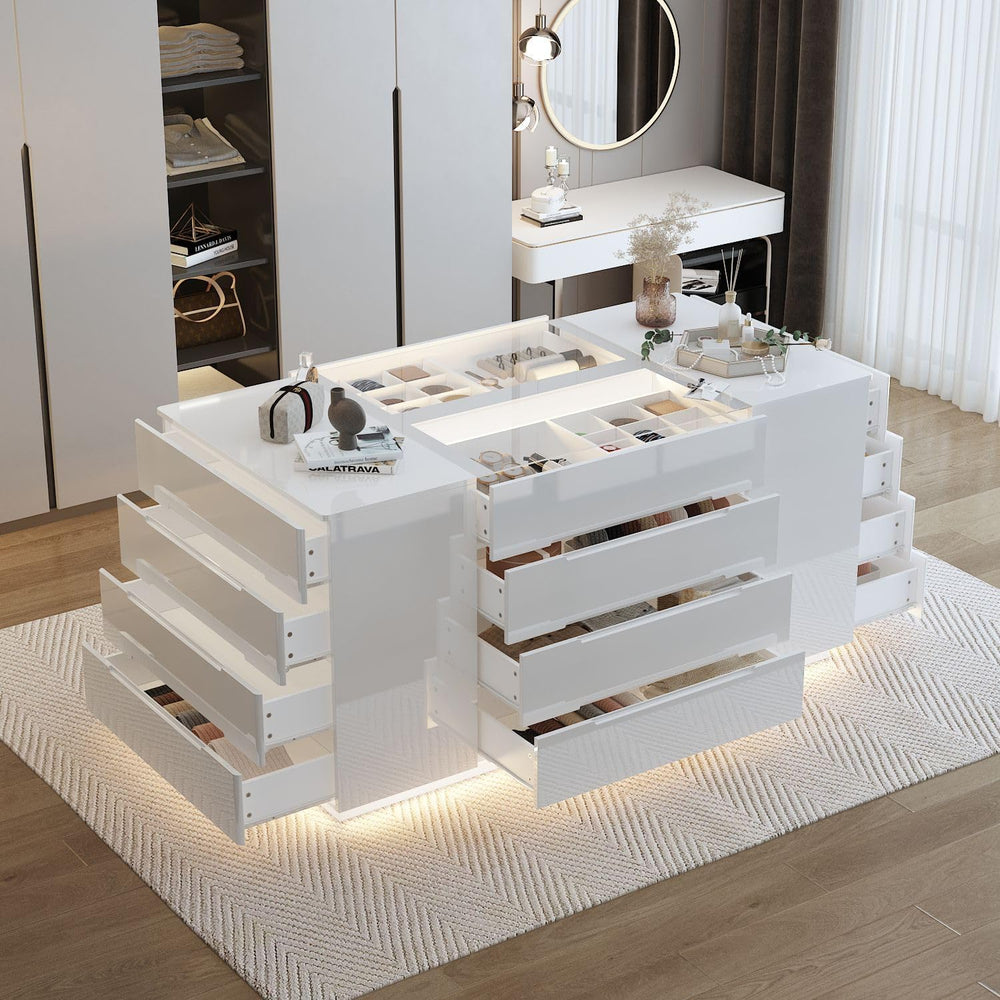 Armoire Bedroom Island Wardrobe Closet Island with 16 Drawers & Glass Tab...