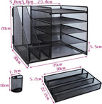 Desk Organizers and Accessories with File Holder, 5-Tier Paper Letter Tray Organiser with Drawer and 2 Pen Holder, Mesh Desktop Document Organizer for Office Supplies, Workspace - Black