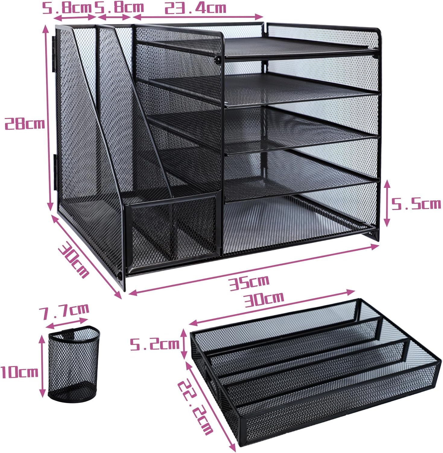 Desk Organizers and Accessories with File Holder, 5-Tier Paper Letter Tray Organiser with Drawer and 2 Pen Holder, Mesh Desktop Document Organizer for Office Supplies, Workspace - Black