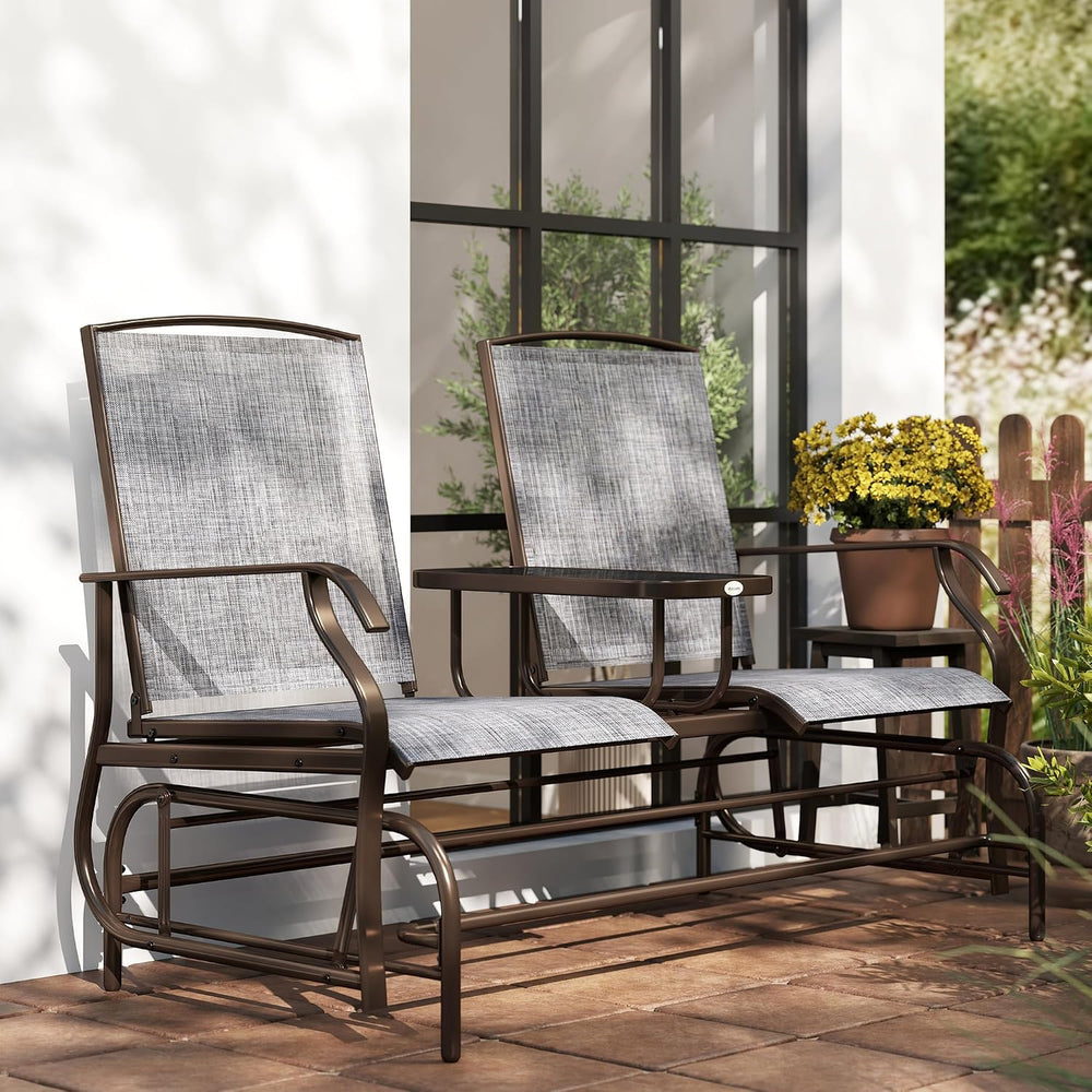 Outsunny Outdoor Glider Bench with Center Table Metal Frame Armrests Gray | P...