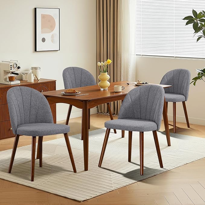 Fabric Dining Chairs Set of 4, Upholstered Mid Century Modern Dining Chairs, Armless Accent Chair with Walnut Wood Legs for Kitchen, Living Room, Dining Room, Grey