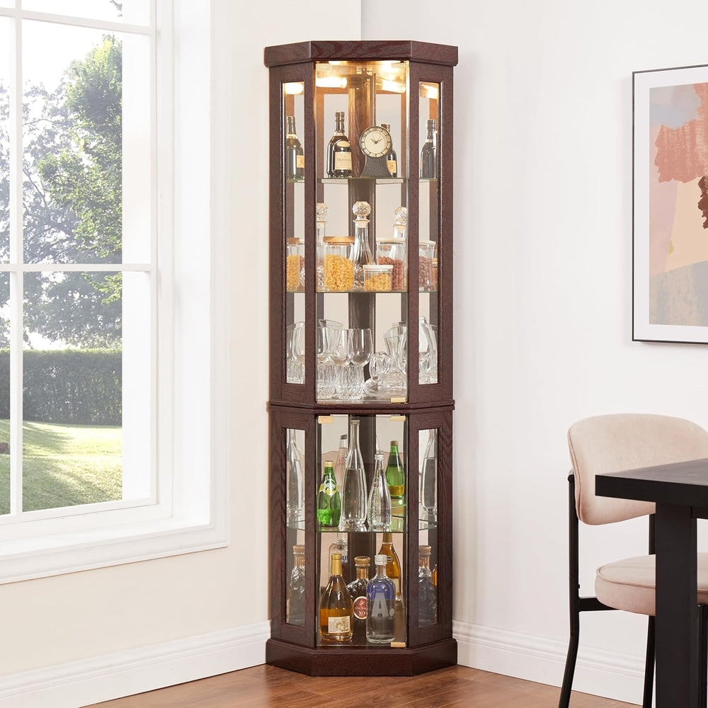 70" Lighted Corner Curio Cabinet,Inside Mirror Corner Glass Display Case...