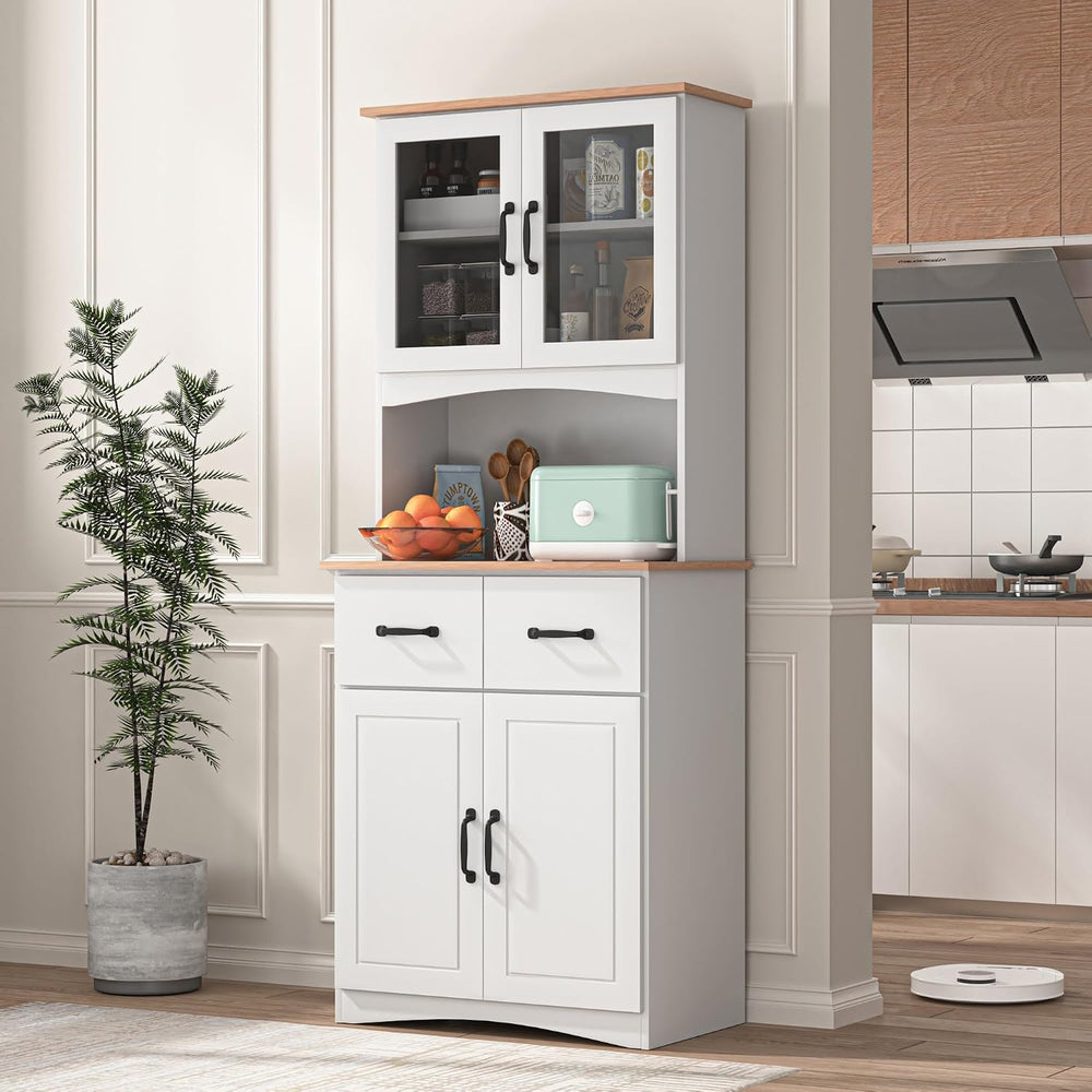 Kitchen Pantry Storage Cabinet with Framed Glass Doors and Drawer, Microwave ...