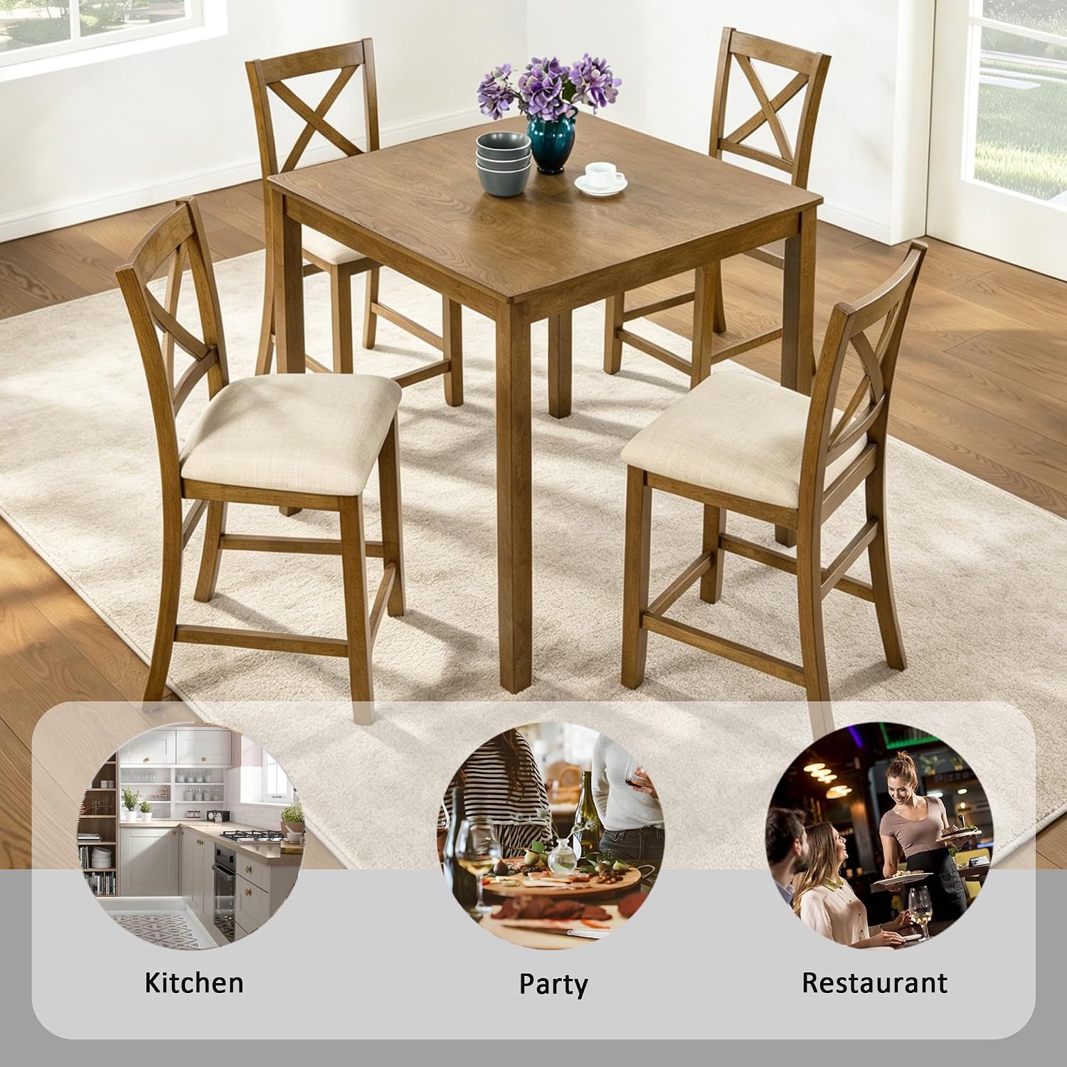 LUMISOL 5-Piece Dining Table Set for 4, Solid Wood Counter Height Kitchen Table Set with Square Table & 4 X-Back Chairs, Farmhouse Table and Chairs Set for Dining Room, Kitchen, Small Spaces, Oak