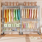 Heavy Duty Rolling Garment Rack 3 Tiers Adjustable Wire Shelving Clothes Rack with 2 Rods and Side Hooks, Storage Closet Clothing Rack with Wheels Chrome 17.7" D x 47.2" W x 83.6" H