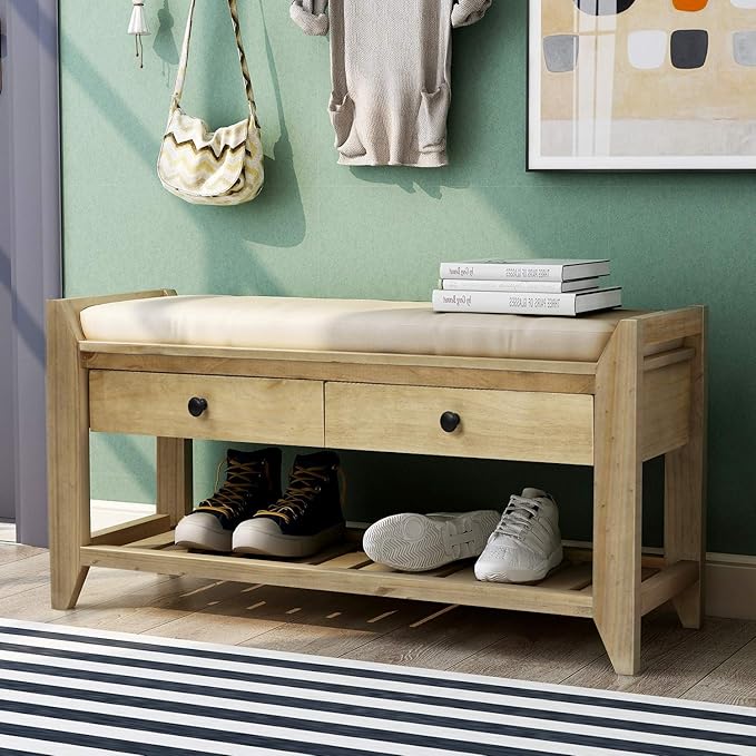 39″ Storage Bench with Cushioned Seat and Drawers,Multipurpose Wooden Entryway Ottoman,Hidden Compartment Organizing Shoe Rack,for Bedroom Hallway Porch,Gray