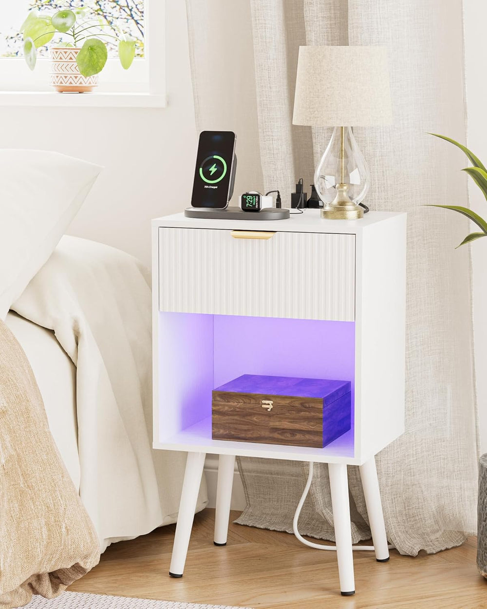 White Fluted Nightstand with Charging Station, Modern Bedside Table with Stor...