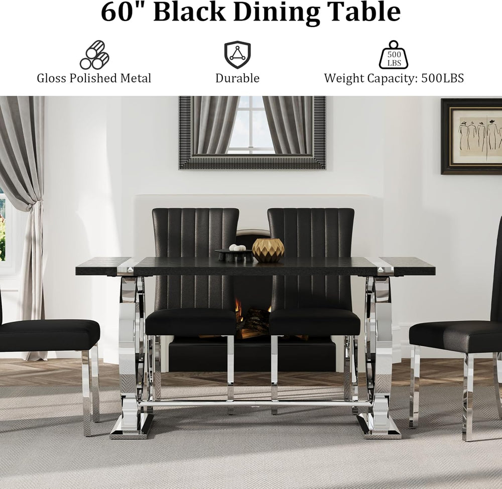 Asday Black Wood Dining Table for 4-6, 60 Inch Modern Luxury Kitchen Table wi...