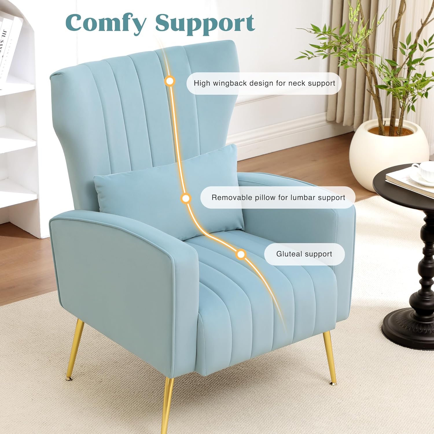 Modern Accent Chairs Set of 2 Upholstered Living Room Chairs,High Back Arm Chairs with Metal Legs Lumbar Reading Chair for Bedroom, Apartment, Small Spaces Sky Blue