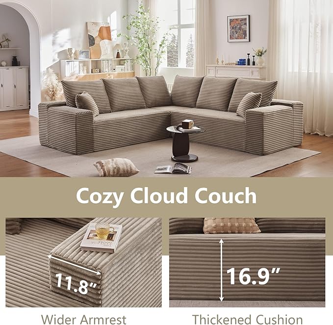 Sectional Cloud Couch for Living Room, Modern Modular Floor Deep-Seat Sofa, Upholstered L Shaped Sofas, Big Comfy Corduroy Couches Set for Living Room Bedroom, No Assembly Required, Camel