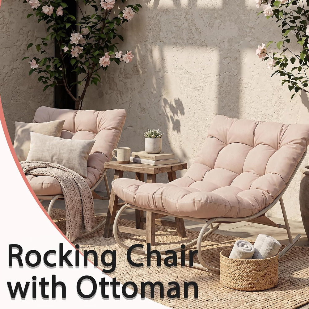 Double Papasan Rocking Chair Set of 2 with Ottoman, Khaki