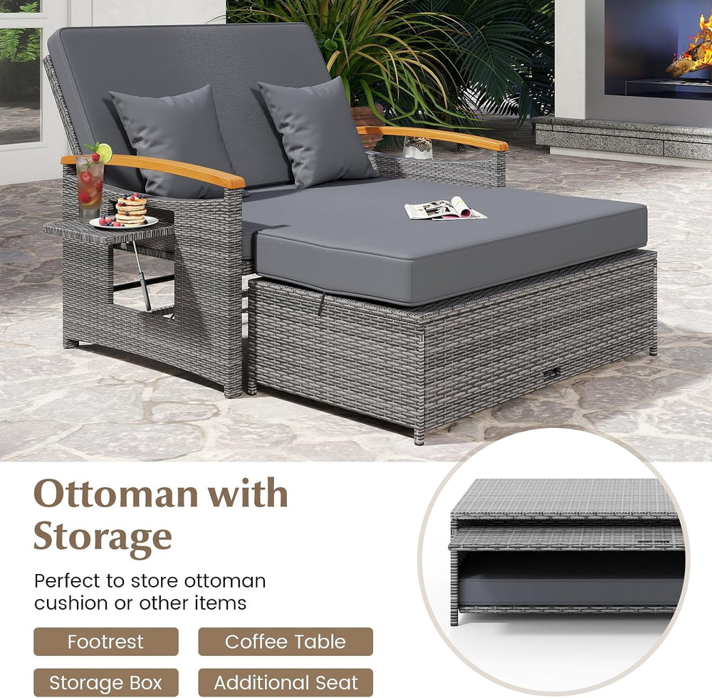 HAPPYGRILL Outdoor Wicker Sofa Daybed, Rattan Loveseat with Folding Panels &a...