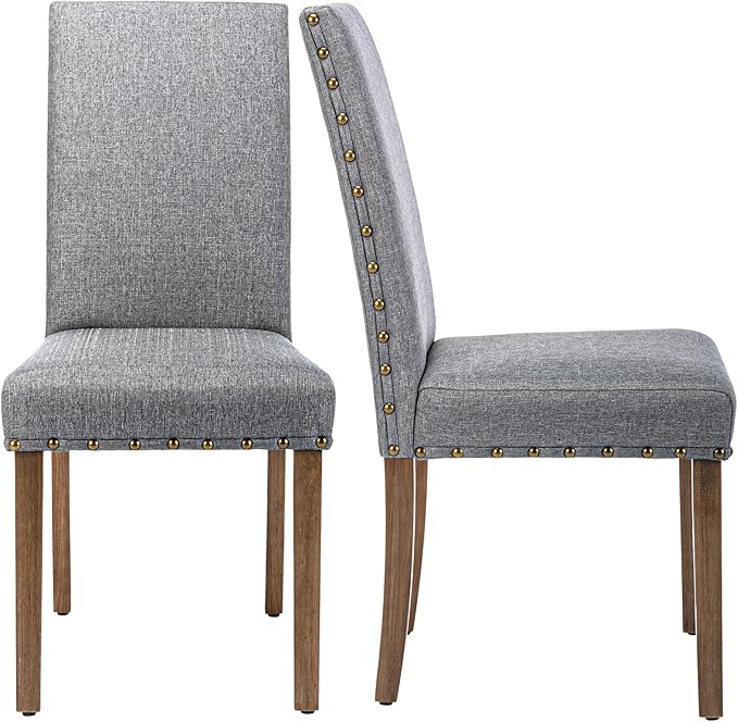 Upholstered Dining Chair Modern Stylish Parsons Kitchen Diner High Back with Bronze Nailhead Trim & Wood Legs, Set of 2, Grey