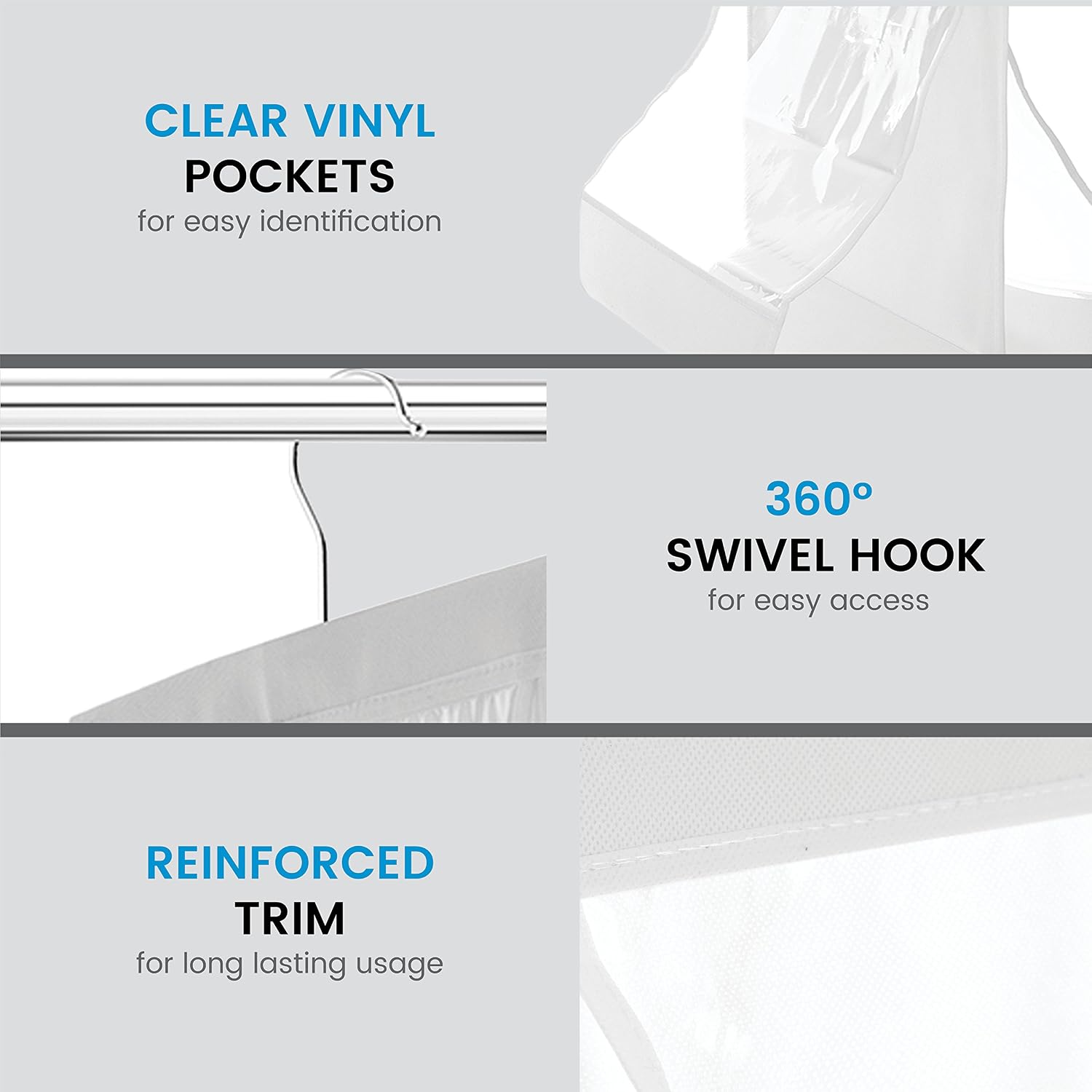 ZOBER Hanging Purse Organizer, Breathable Nonwoven Handbag Organizer, 8 Easy Access Clear Vinyl Pockets, White, 48 L x 12 W