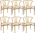 Yaheetech Weave Dining Chairs Set of 6 Mid-Century Modern Dining Room Chairs with Weave Hemp Seat and Metal Legs for Kitchen, Living Room, Restaurant, Wood Color