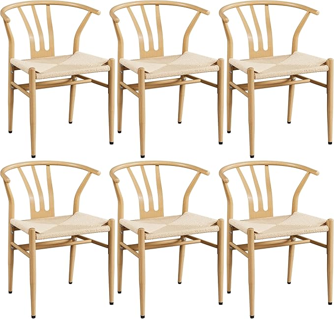 Yaheetech Weave Dining Chairs Set of 6 Mid-Century Modern Dining Room Chairs with Weave Hemp Seat and Metal Legs for Kitchen, Living Room, Restaurant, Wood Color