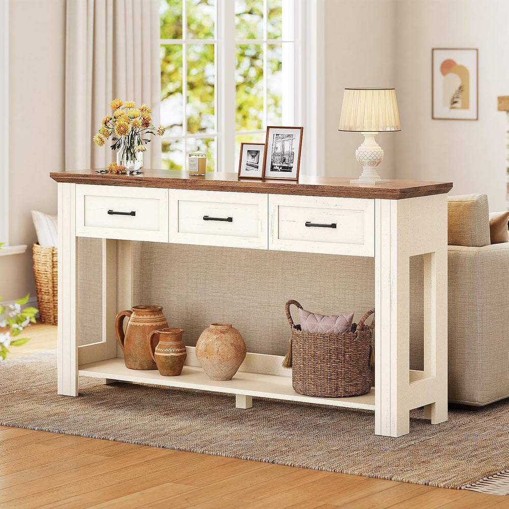 55" Farmhouse Console Table with 3 Drawers, Rustic Entryway Table with O...