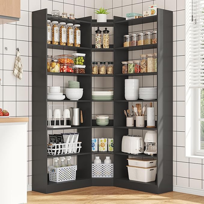 70.8" Tall Corner Bookshelf and Bookcases, 7 Tiers Morden Large Etagere Bookcases Storage Display Rack with Baffle, Industrial L-Shaped Bookshelves for Bedroom, Home Office, Living Room, Black