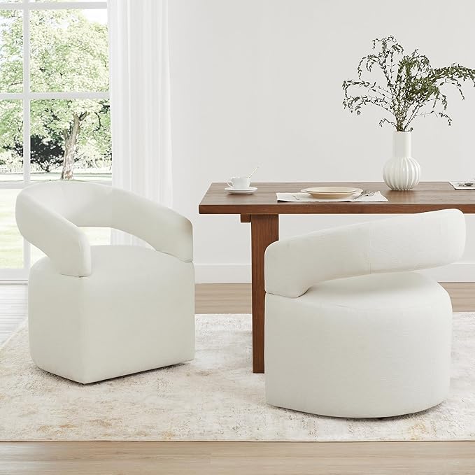 Upholstered Dining Chairs with Removable Casters Barrel Side Armchair with Rollers for Diningroom Bedroom Livingroom Reading Room, Ivory, Set of 2