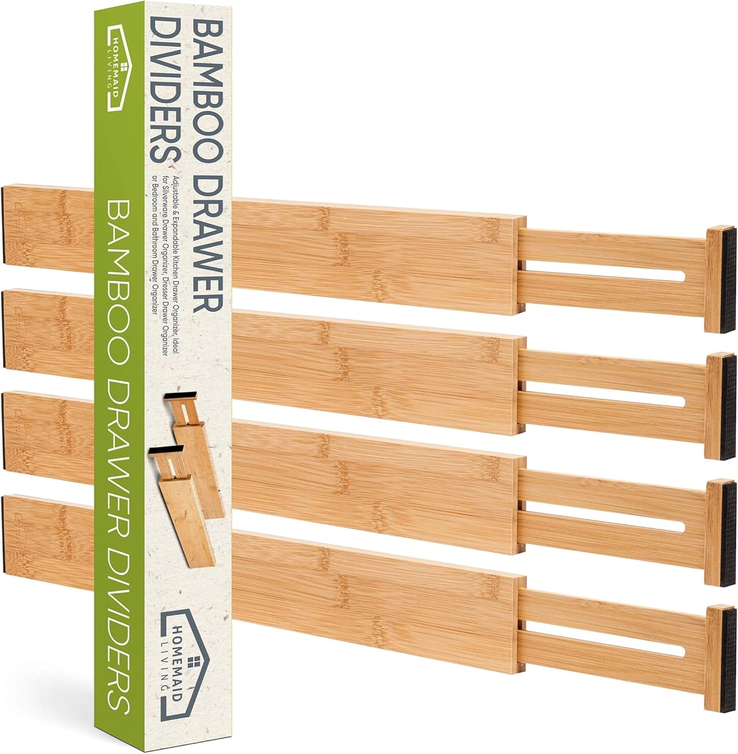 Bamboo Drawer Organizer Adjustable and Expandable - Ideal Drawer Dividers for Kitchen, Dresser, Bedroom and Bathroom - Expandable Drawer Organizer Set of 4 - Water-Resistant Finish