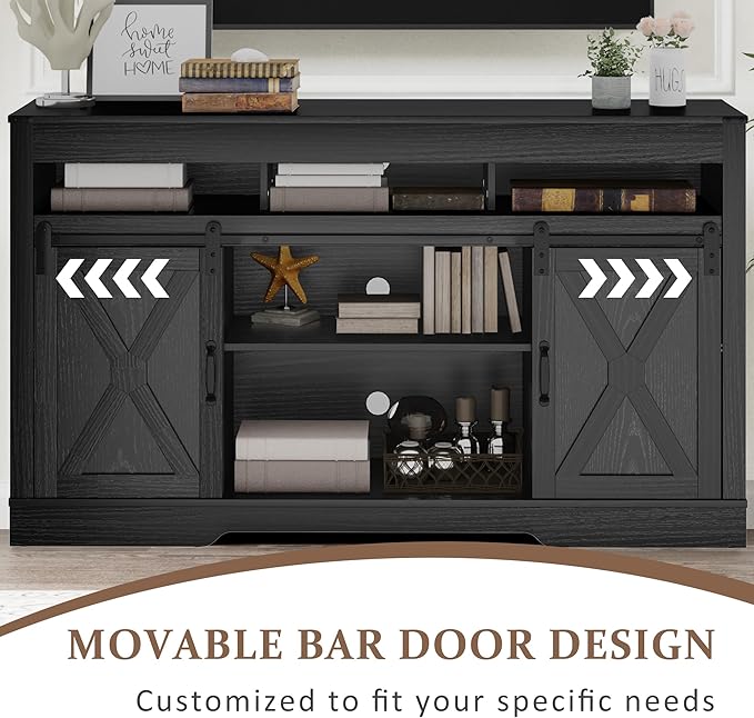 Farmhouse TV Stand with Sliding Barn Door for TVs up to 65+ Inch, 34" Tall Entertainment Center, Wood Media Console Storage Cabinet for Bedroom, Living Room, Black