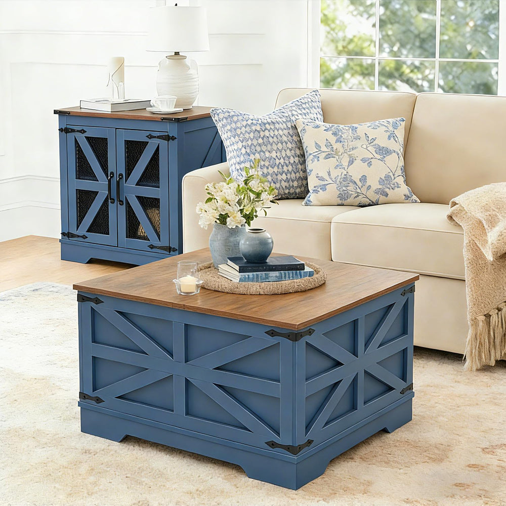 Farmhouse Coffee Table Set of 3, 1 Lift Top Coffee Table with Sliding Barn Do...