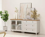 WAMPAT TV Stand for 75 Inch TV, Wood TV Cabinet Entertainment Center Television Stands for Living Room, 2-in-1 Sideboard Buffet Cabinet with Glass Door & Drawer for Kitchen, Off White