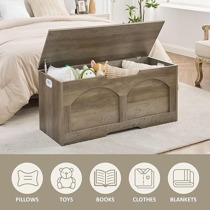 Storage Chest Bench, 31.5" Retro Storage Trunk Chest, Entryway Bench Supports 330 lb, Upgraded Safety Lift Support Hinge, Entryway Bench, U-Shaped Opening for Entryway Living Room, Greige