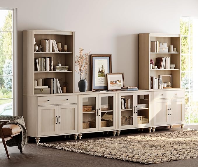 WAMPAT Entertainment Center with Bookshelves for TVs up to 75", Farmhouse Wall Unit TV Stand with Glass Doors & Drawer, Media Console Table for Living Room, Bedroom & Home Theater, Beige
