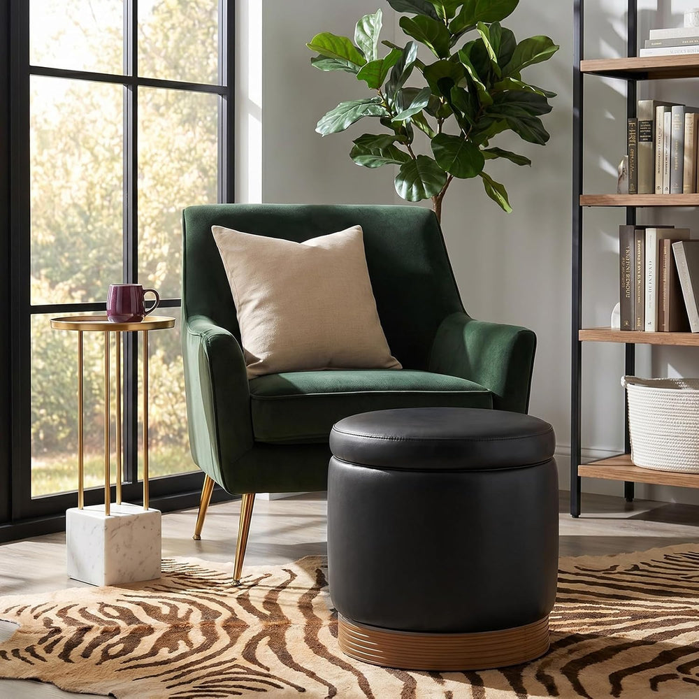 19" Round Swivel Storage Ottoman with Tray Top, Upholstered Faux Leather...