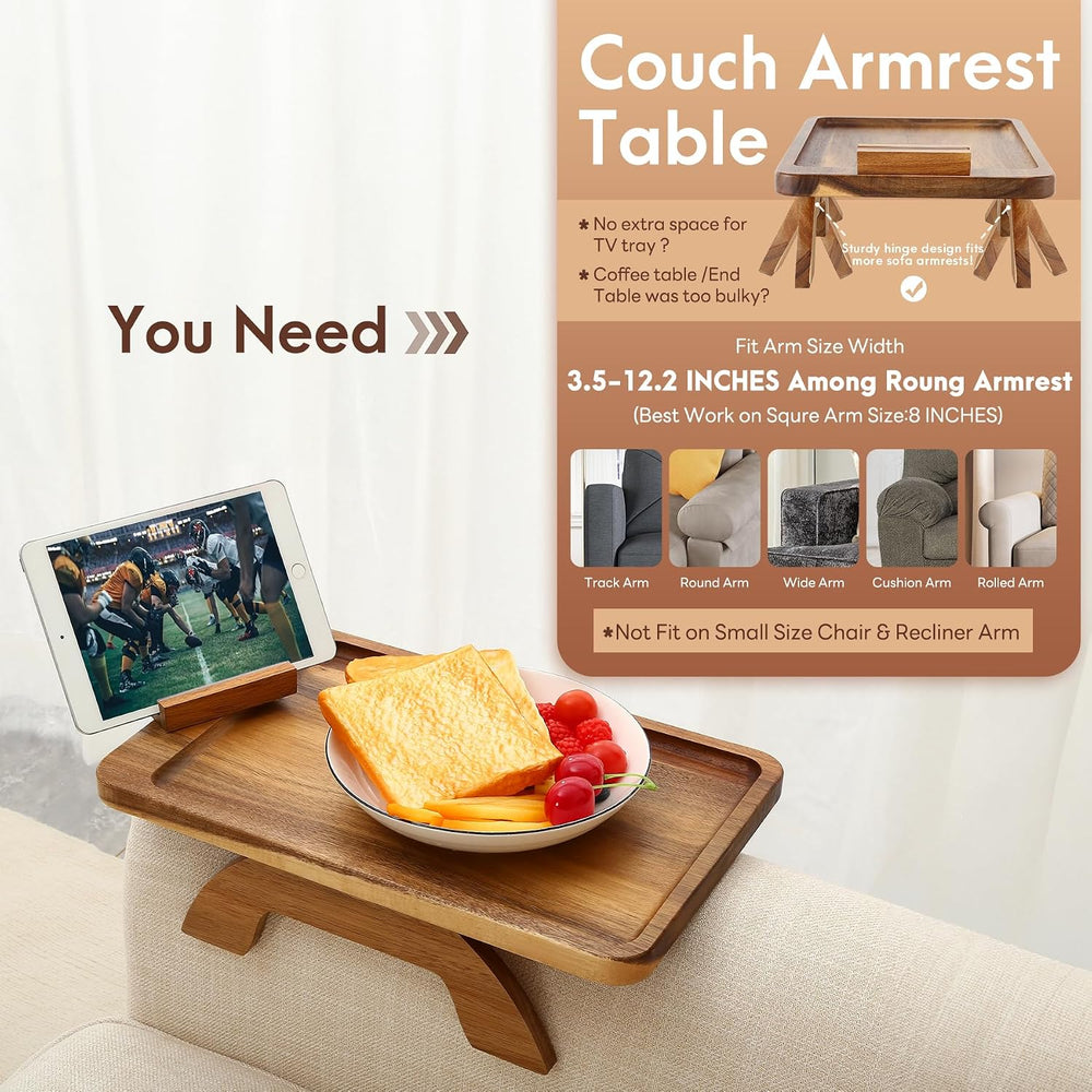 SINWANT Couch Arm Tray,15.35x9.84 in Sofa Clip on Arm Table,Acacia Wood
