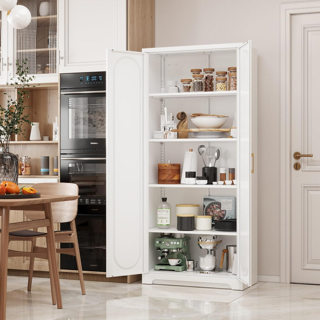 SteeLoong Kitchen Pantry Cabinet,71”Metal White Storage Cabinet with Doors and Shelves,Tall Cabinet with 2 Gold Hands for Dinning Room,Living Room