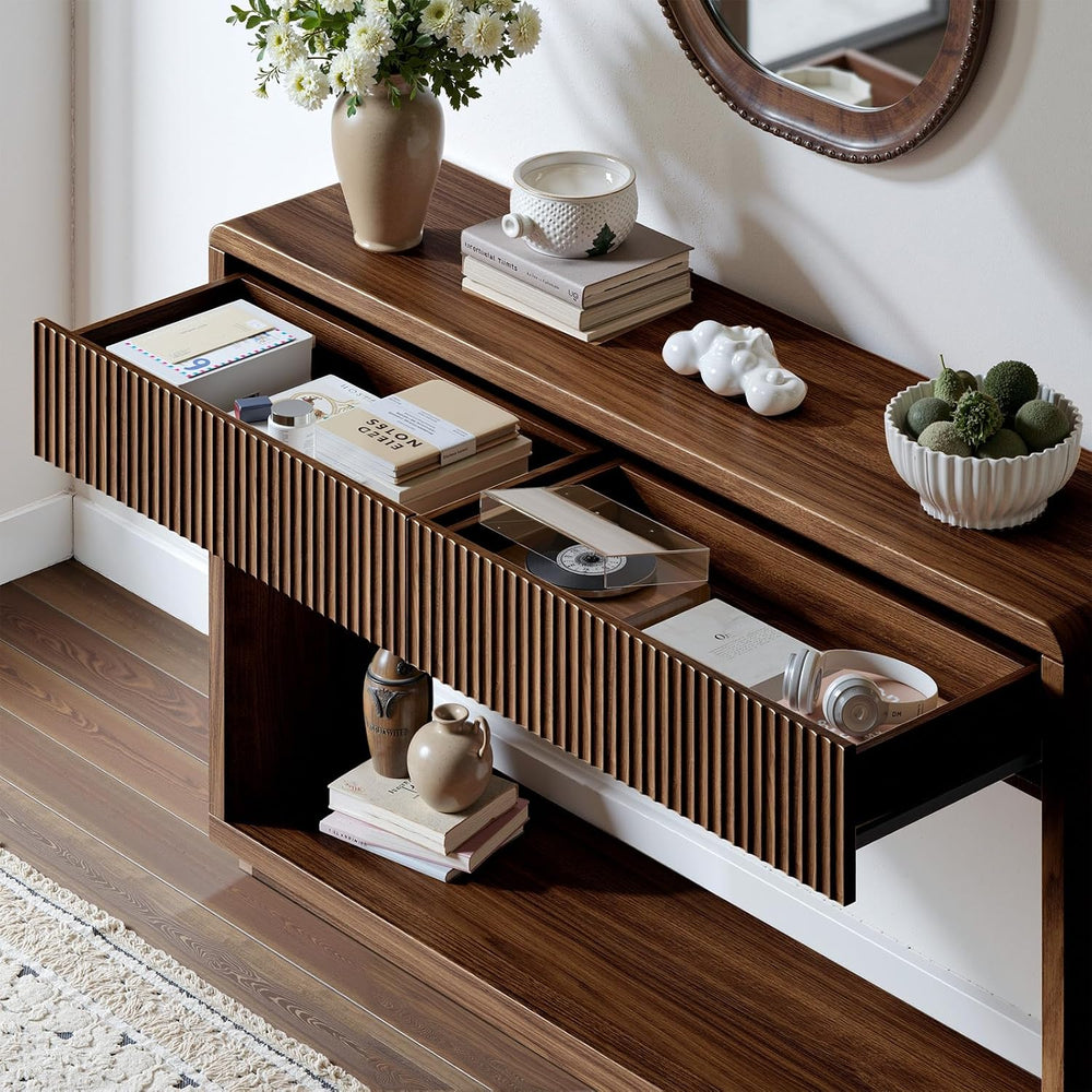 Evermagin 59'' Walnut Console Table with Drawers, Sofa Table with Sto...