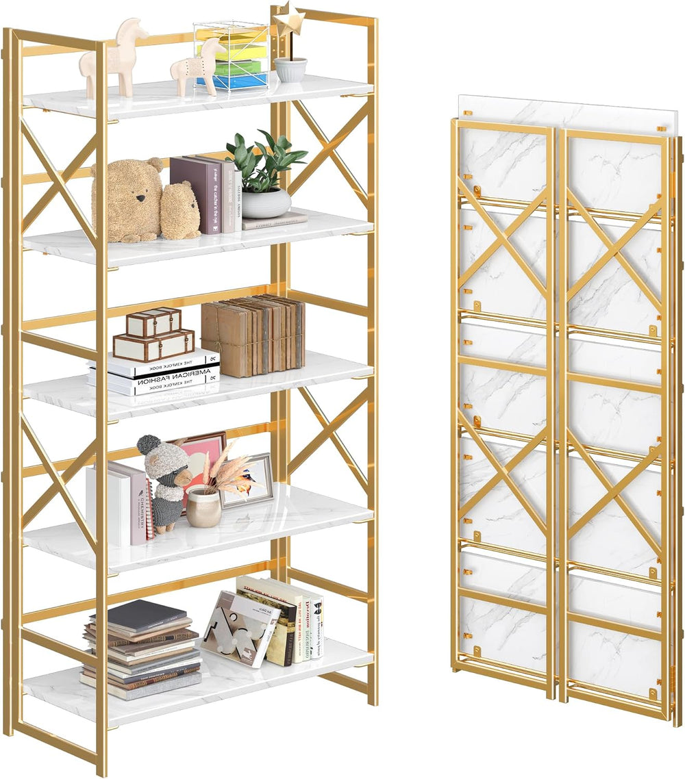 4NM 5 Tiers No Assembly Book Shelves, 51.2" H Folding Bookshelf Bookcase...
