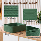 Large Shallow Organizing Baskets 15x11x5.1 Inches - Rope Woven Storage Bins for Bathroom, Shelves, Cube Closet, Green 3 Packs