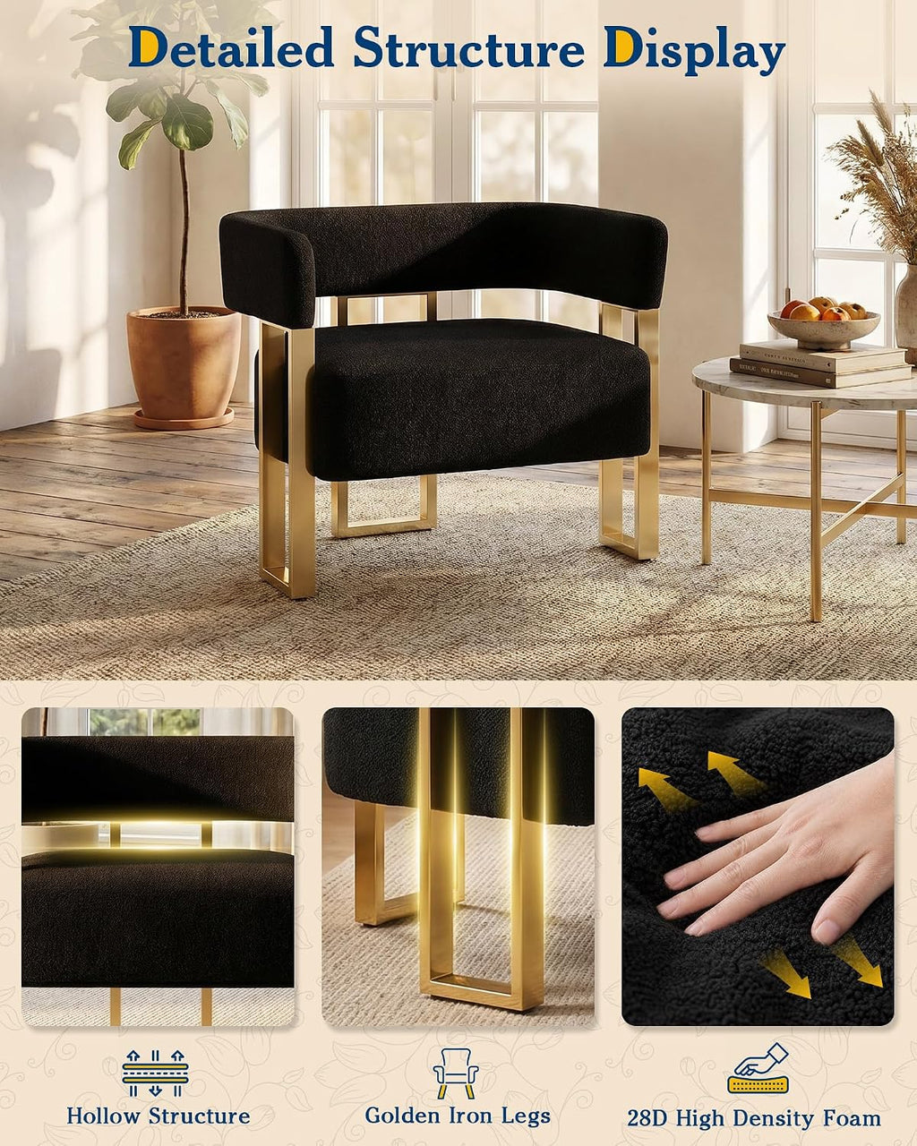 Mid Century Modern Accent Chair Set of 2, Barrel, Black Boucle, Gold Leg | AODAILIHB Upholstered Comfy Luxury Living Room Chairs, Cloud Armchair Set w/ Curved Back For Bedroom Dorm Office Lounge Decor