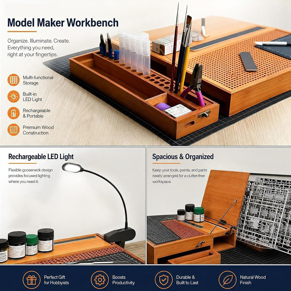 Deluxe Model Building Station, Wooden Craft Assembly Desk Designed | LED Task...