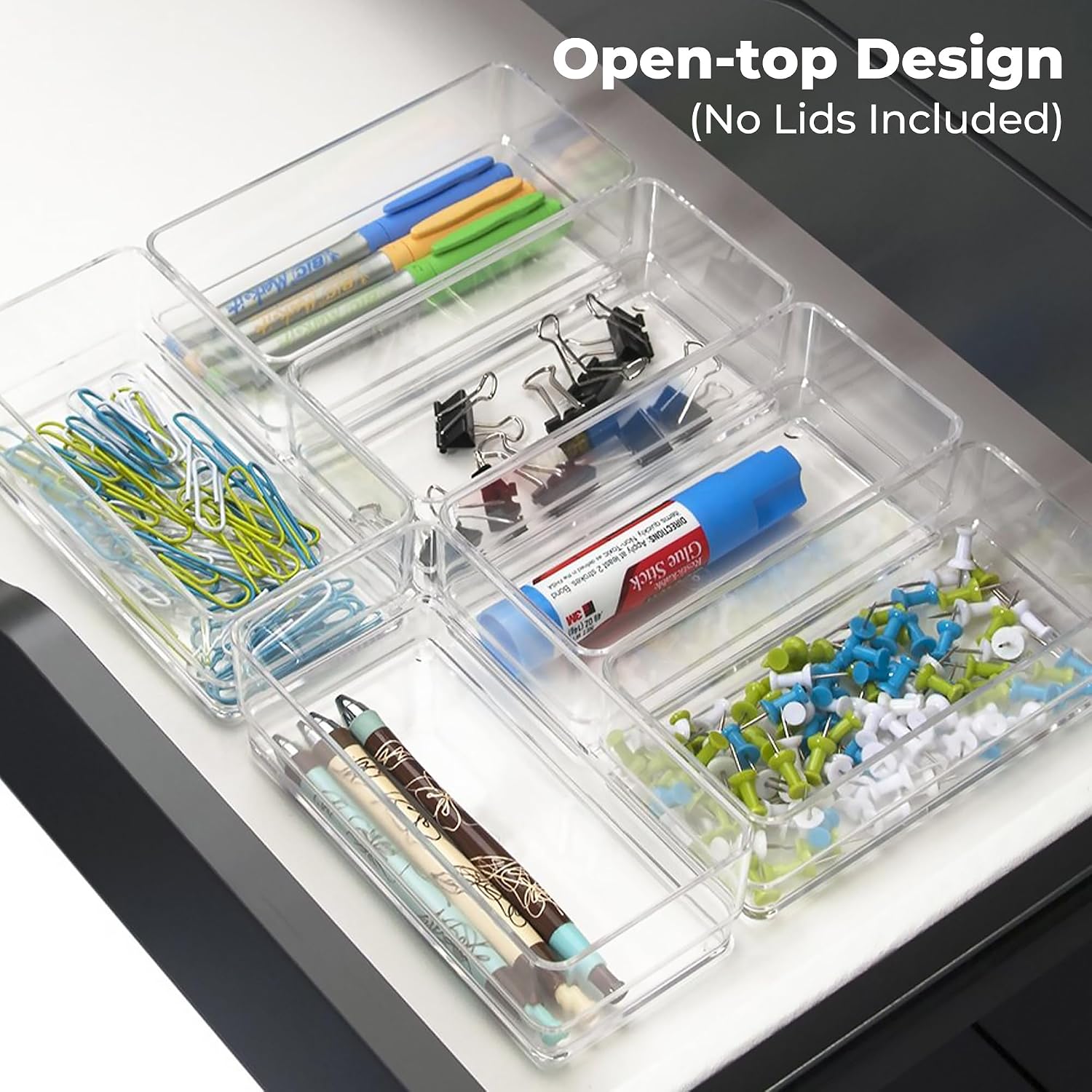 LotFancy Clear Drawer Organizers, 6'' x 3'' x 2'', Set of 3, Drawer Organizer Trays for Desk, Plastic Storage Bins for Bathroom, Makeup, Utensils, Stackable