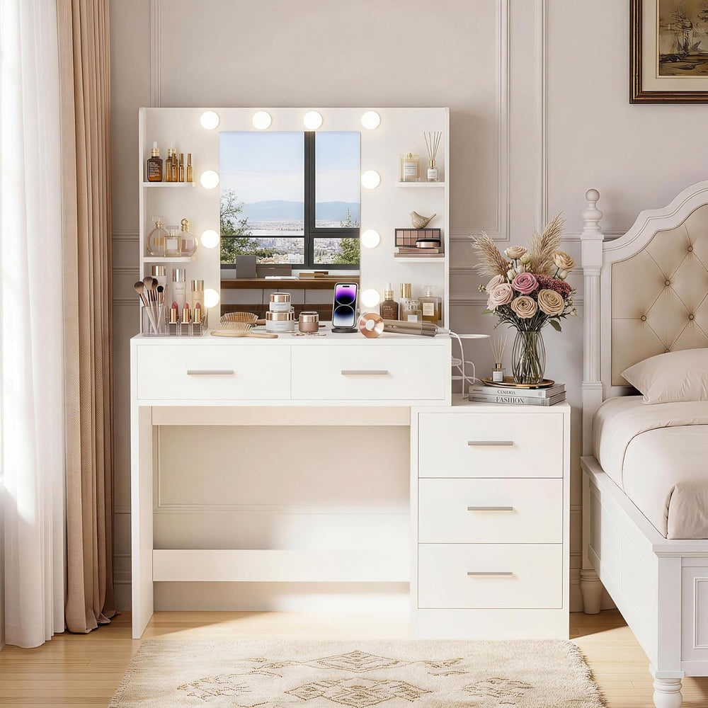 YESHOMY Makeup Vanity Desk with Mirror & Lights, Vanity Table with 5 Draw...