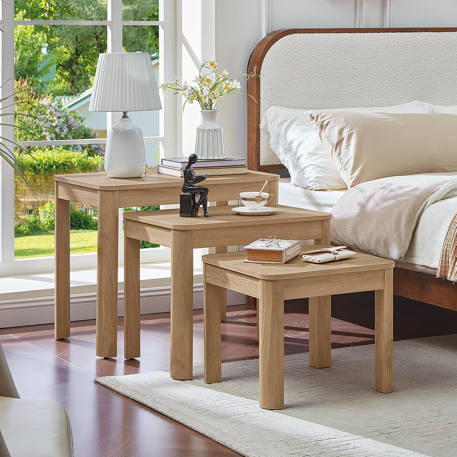 Joaxswe Farmhouse Nesting Tables Set of 3, Nesting Side Tables with Rounded Corners & 4 Thickened Table Legs, Natural Wood