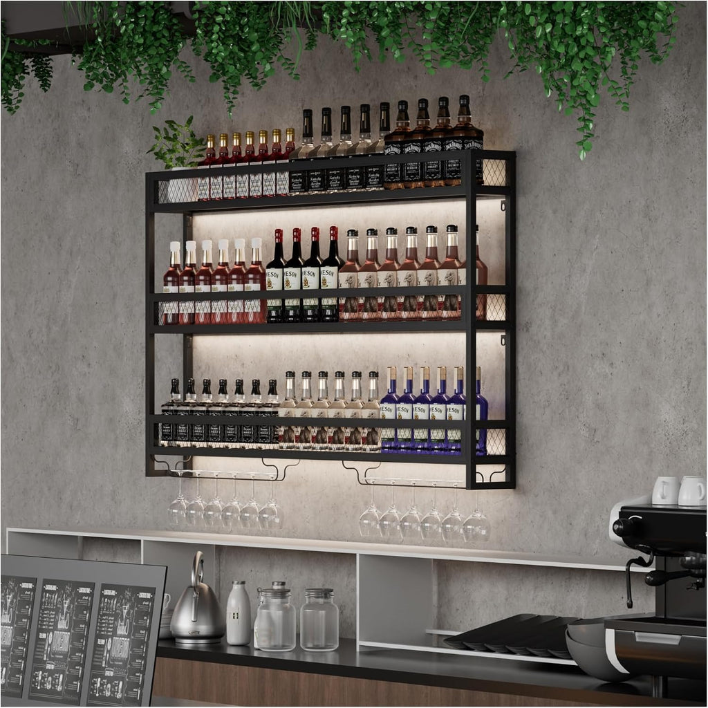 Wine Rack Wall Mounted with LED Light,Bar Liquor Shelf,Black,100cm | Metal,3-Tiers,Wine Glass Holder,Industrial Liquor Bottle Display Storage Shelf,for Home Bar, Dining Room